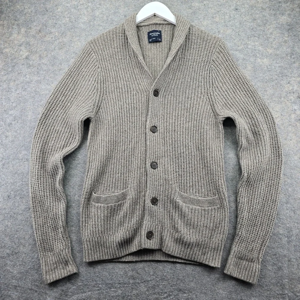 Abercrombie Fitch Mens L Cardigan Sweater Taupe Grey Cotton Knit Shawl Collar